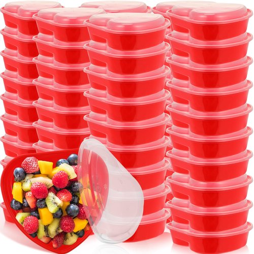 Layhit 60 Pcs Valentine's Day Heart Containers Plastic Food Storage Containers with Lids Heart Shaped Disposable Dessert Lunch Box for Kitchen Restaurant Fruit Vegetable (Red,28 oz)
