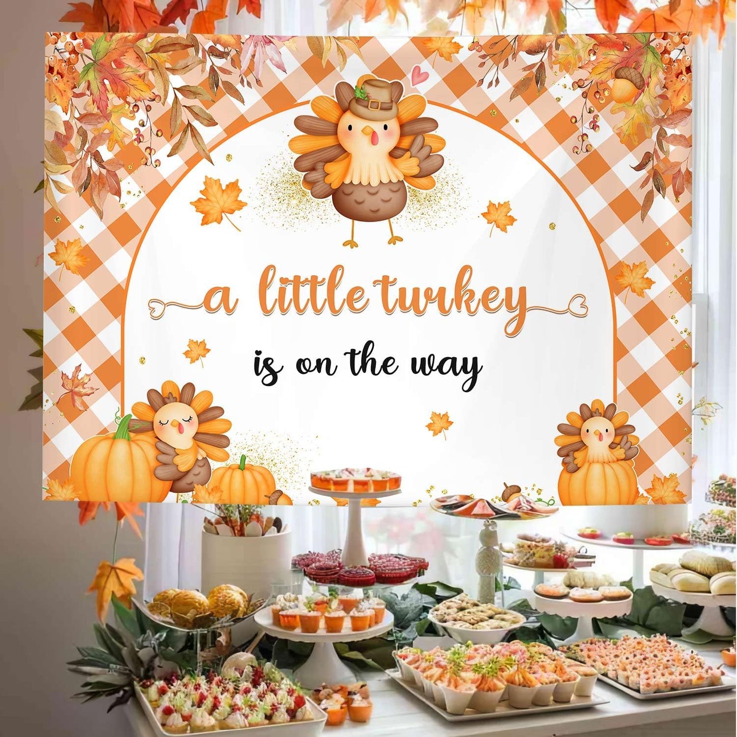 AIBIIN 7x5ft Thanksgiving Baby Shower Backdrop A Little Turkey is On The Way Party Banner Fall Turkey Pumpkin Baby