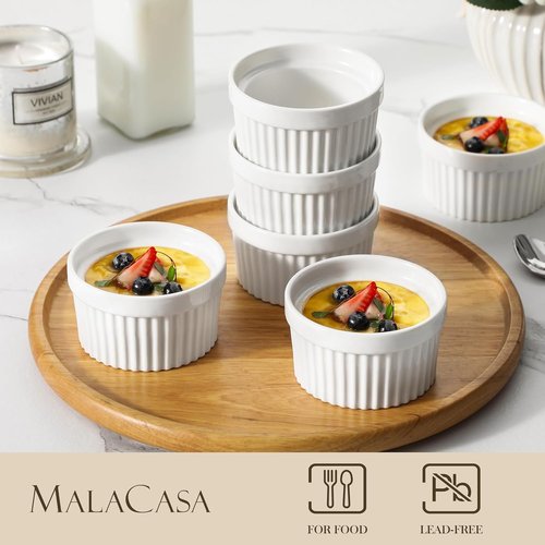 MALACASA Ramekins - 6 oz Oven Safe Porcelain Baking Cups for Creme Brulee & Pudding | Set of 6 White