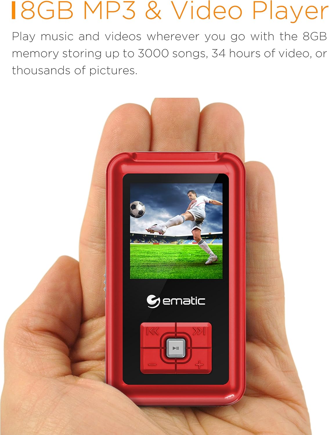Ematic 8GB MP3 1.5-inch Video Player with FM Tuner/Recorder and Color Screen, Red