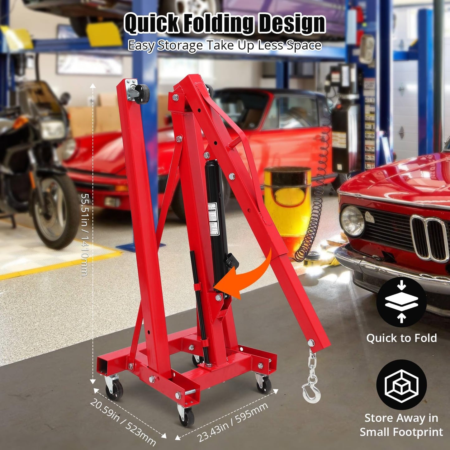 EliteEdge 2 Ton Engine Hoist, Folding Cherry Picker Engine Hoist with Lever, 6 Casters, 4400lbs Hydraulic Engine Crane, Heavy Duty Shop Cherry Picker for Garage and Workshop Engine Lifting