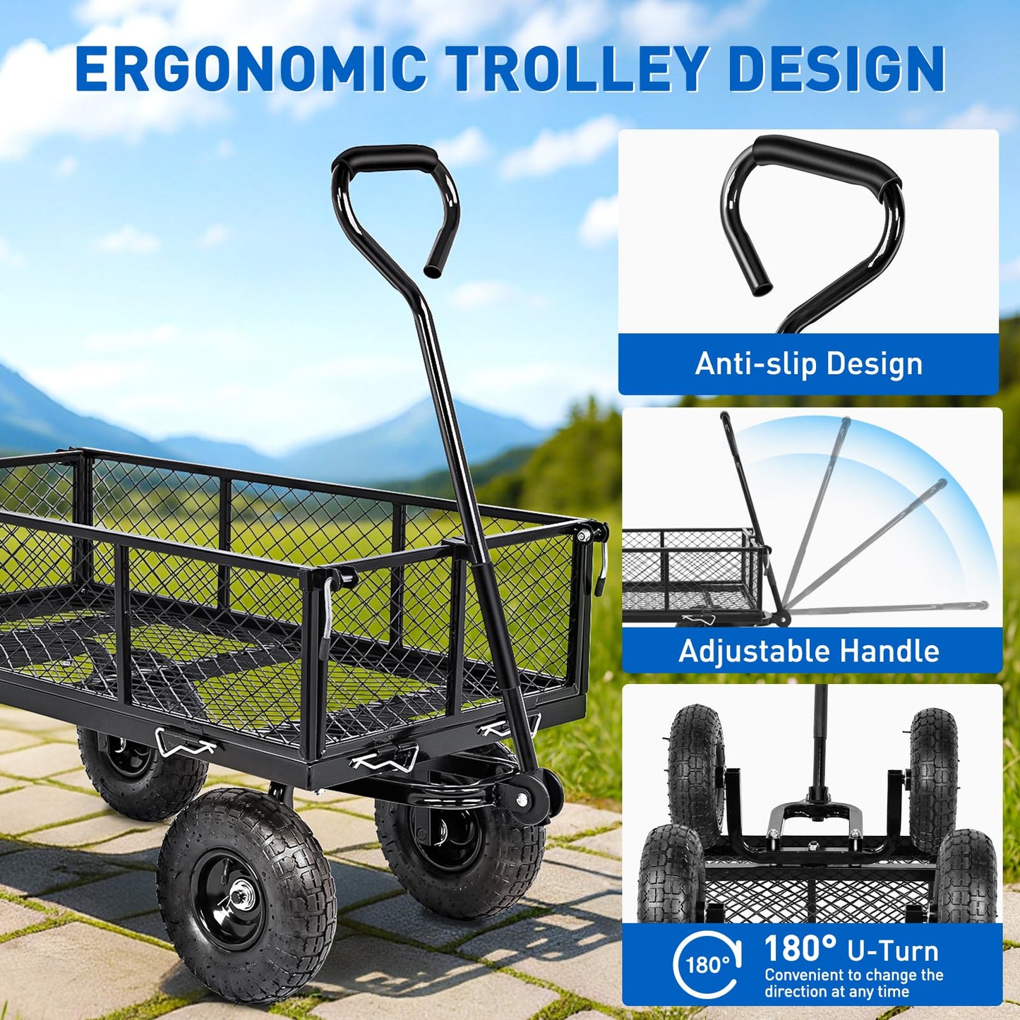 Yesker Steel Garden Carts - 800lbs Dump Wagon with All Terrain Inflatable Wheels for Yard Lawn Farms Gardening - Heavy Duty Utility Outdoor Hauling Wheelbarrow