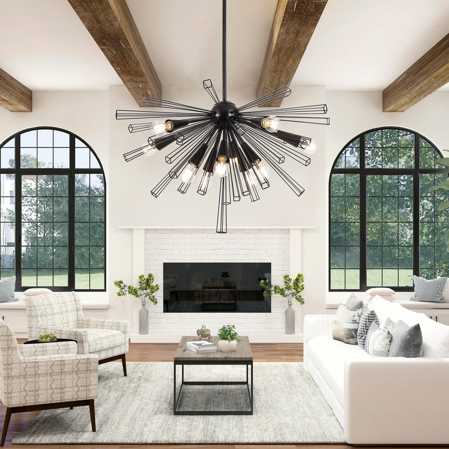 9MMML Black 10-Light Sputnik Chandelier, Farmhouse Pendant Light Fixture with 48'' Height Adjustable Hanging Pole, 34'' Large Chandelier for Living Room, Dining Room, Kitchen, Bedroom, E26 Base