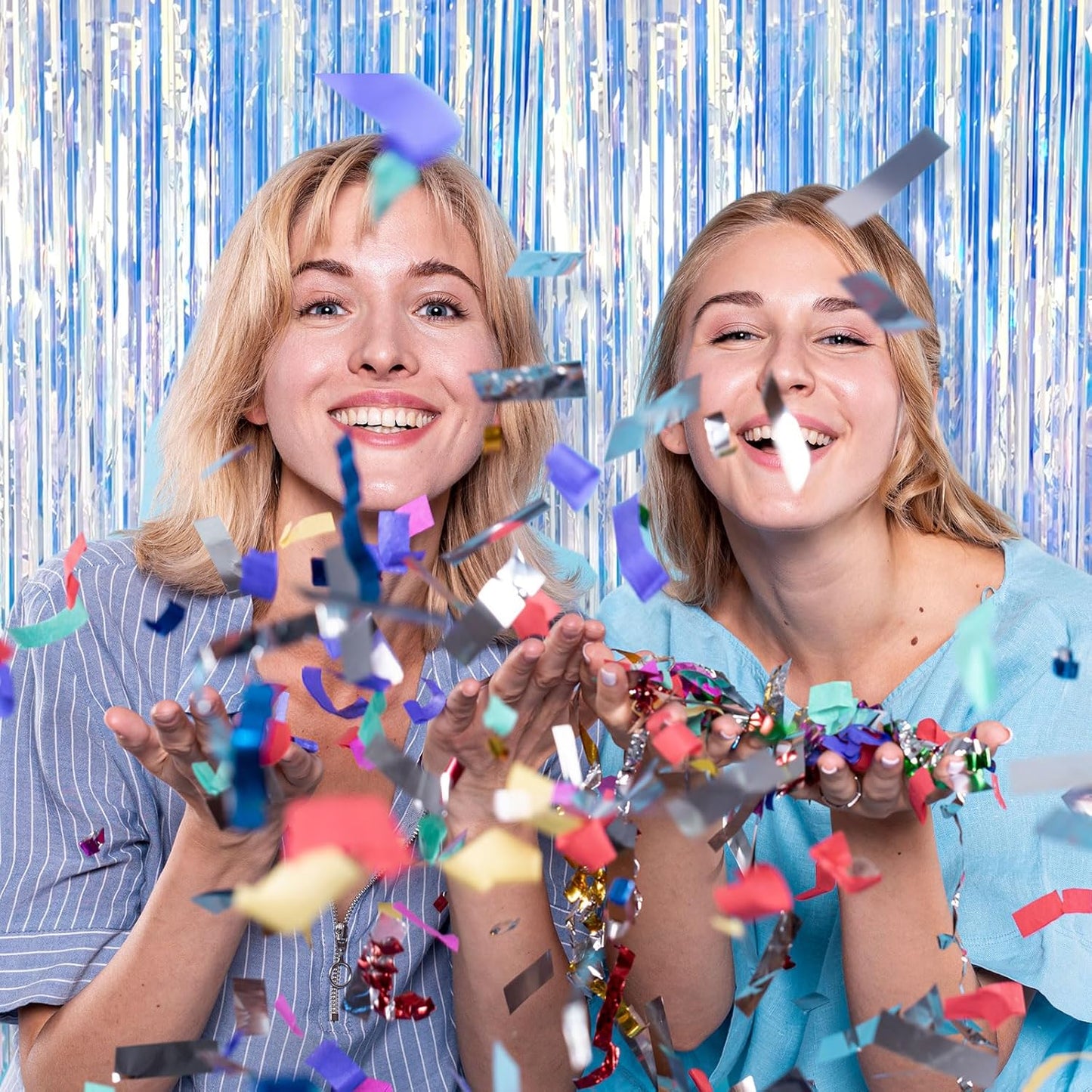 Skiennix 2 Pack Foil Curtain Backdrop - Iridescent Metallic Tinsel Fringe for Parties & Events