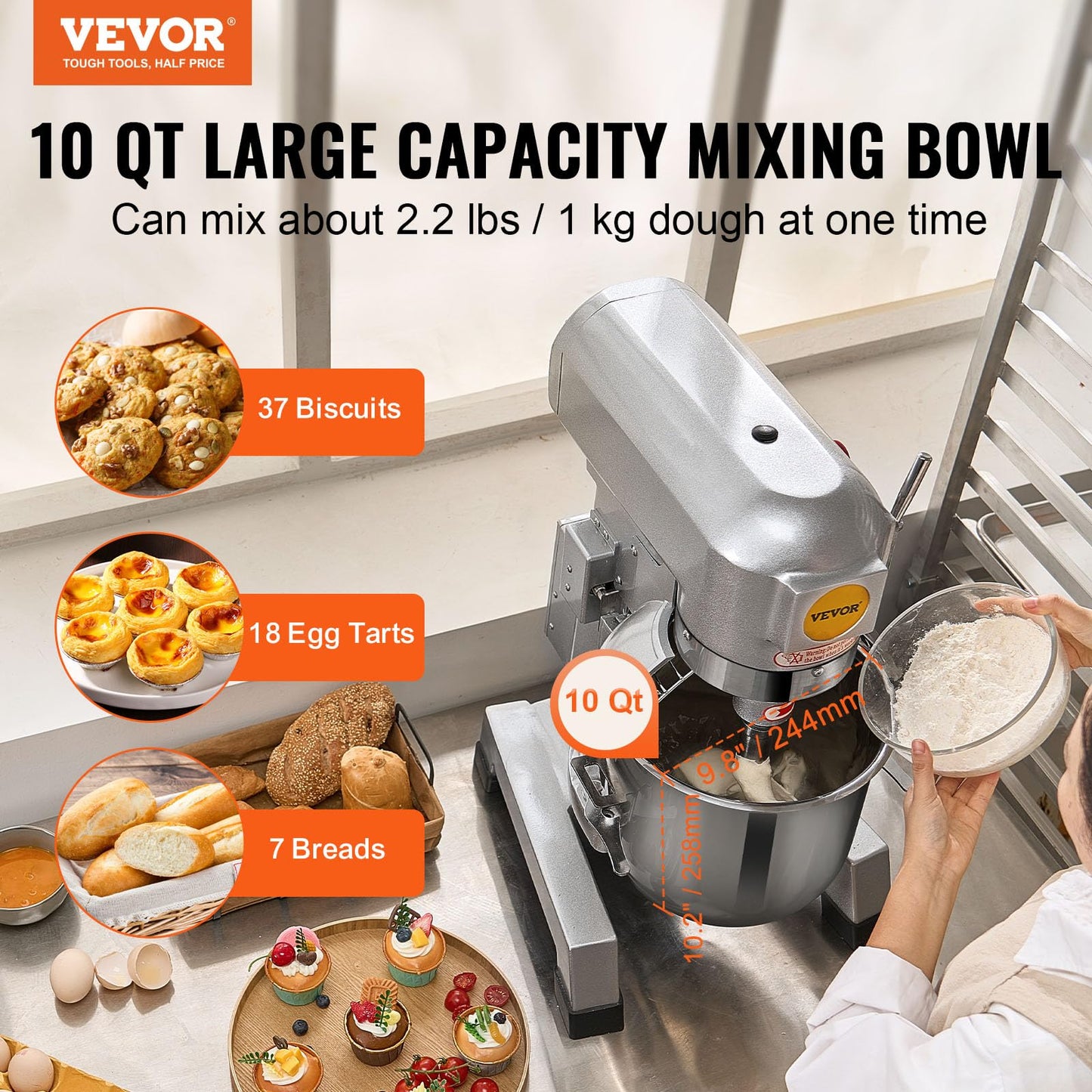 VEVOR Commercial Mixer, Commercial Food Mixer 10Qt Stainless Steel Bowl, 450W Commercial Stand Mixer with 3 Speeds Adjustable, Dough Hook Whisk Beater Included, Perfect for Bakery Pizzeria, Silver