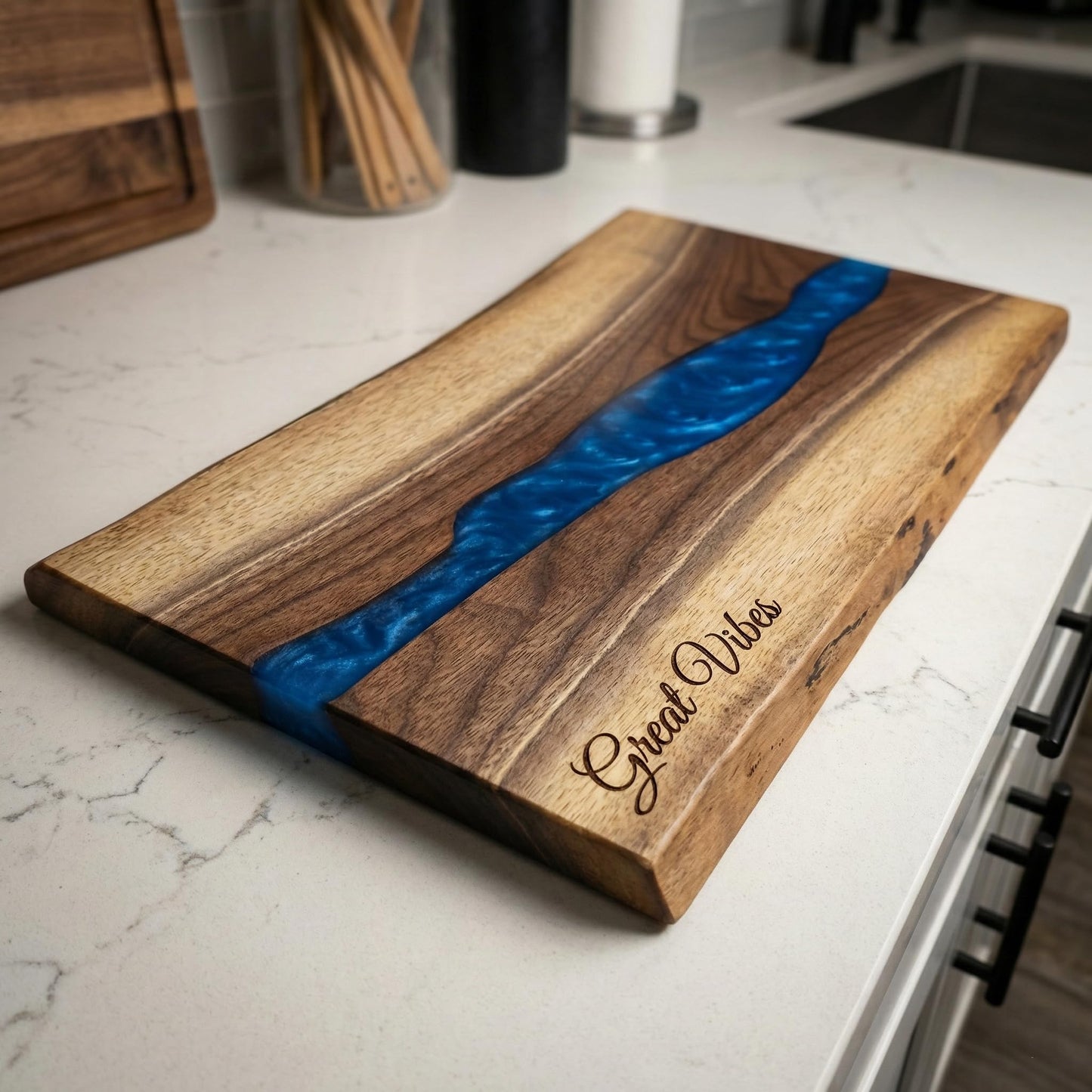 DYARI Black Walnut & Resin River Charcuterie Board 17.5" - Live Edge Wood Serving Platter - Personalized Epoxy Cheese Board with Optional Handles & Engraving - Custom Wedding & Housewarming Gift