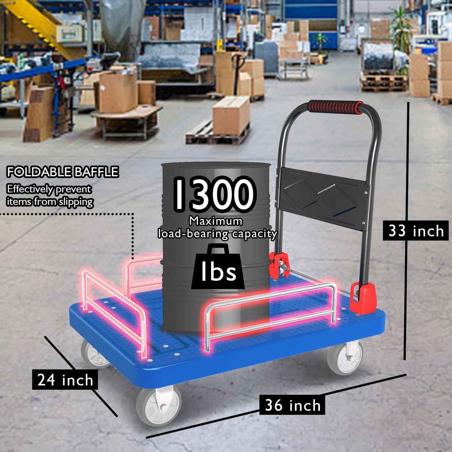Heavy Duty Platform Truck Cart with Brake Wheels & Foldable Fences 1300lbs Capacity Flatbed Cart for Moving and Transport 36"x24" Moving Dolly for Warehouse/Industrial/Home, Blue