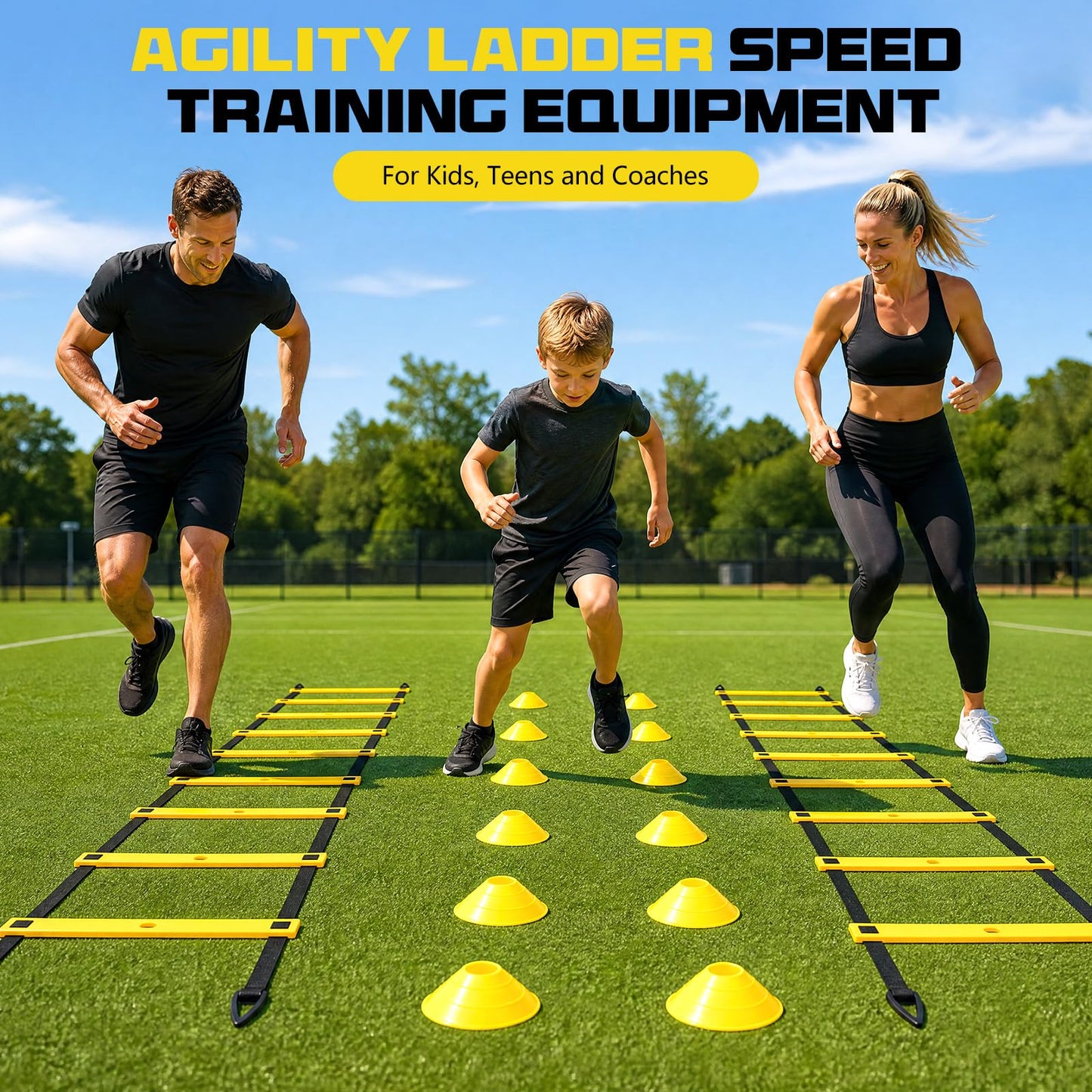 2 Pack 20ft Agility Ladder Set, 40ft Total Adjustable Speed Ladder with 12 Cones, 8 Stakes, 1 Carry Bag - Parallel Footwork Drills Gear for Football Soccer Basketball Training Equipment (Yellow)