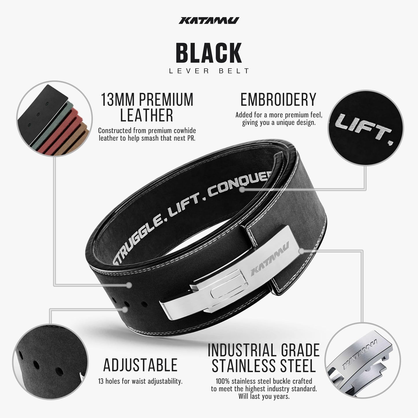 Katamu Black USPA & IPL Approved Lever Belt — Premium 10mm and 13mm Leather Powerlifting Belt for Men and Women, Steel Lever Buckle, 4 Inch Back Support for Deadlifts
