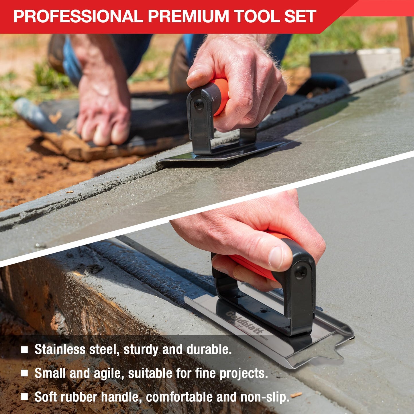 Goldblatt Concrete Tools Include Edger (6" x 3", 1/4"R) and Groover (6" x 3", 1/2"W, 1/2"D), Stainless Steel Concrete Finishing Tools - Masonry Hand Tool Set, Cement Finishing Kit with Soft Grip