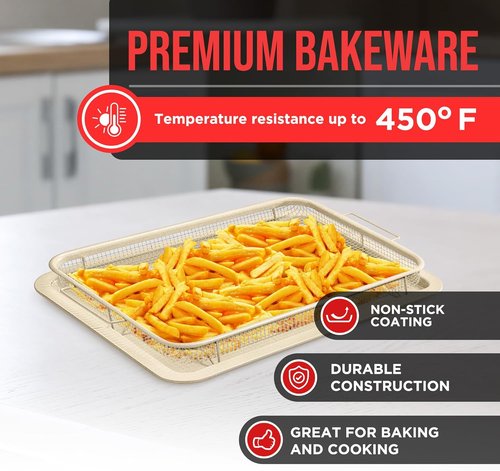 Bakken Swiss Crisper Tray - Non-Stick 2-Piece Set with White Marble Coating | Extra Large 19" x 13" for Healthier Cooking