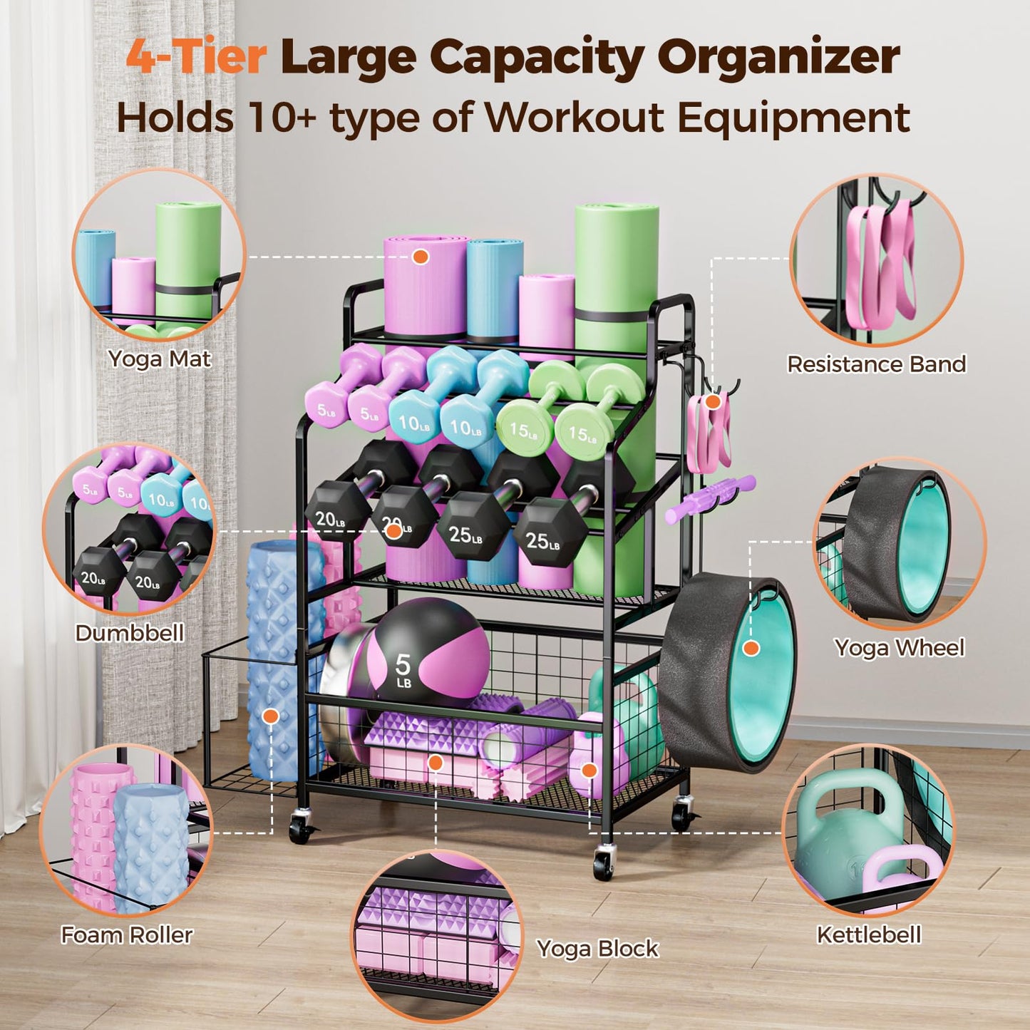 HavenlyYouth Dumbbell Rack Holds Yoga mat, Weight Rack Storage for Home Gym, Workout Equipment Organizer for Kettlebells and Foam Roller With Hooks and Wheels