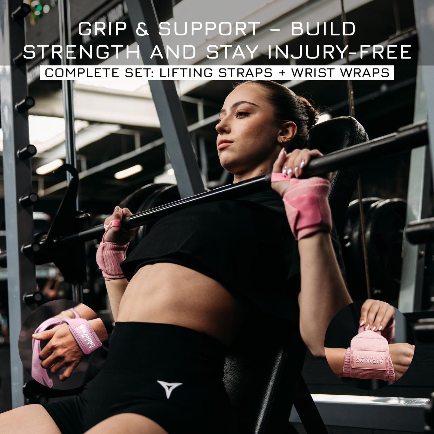 Breaking Limits Gym Straps Weight Lifting Wrist Wraps Bundle – Workout Lifting Straps for Deadlift – Wrist Straps for Weightlifting Men & Women - Muñequeras Para Gym (Pink)