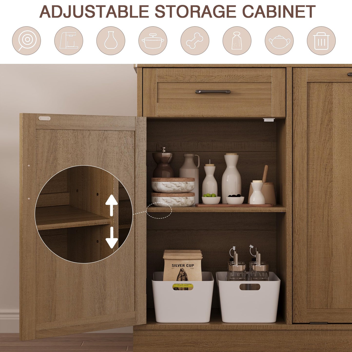 LOUVIXA Double Tilt Out Trash Cabinet, Kitchen Island with Trash Storage, Trashcan Cabinet for Kitchens, Wood Cabinet with Trash Can Pull Out, Dog Proof Trash Can (Light Coffee, 10 Gal)