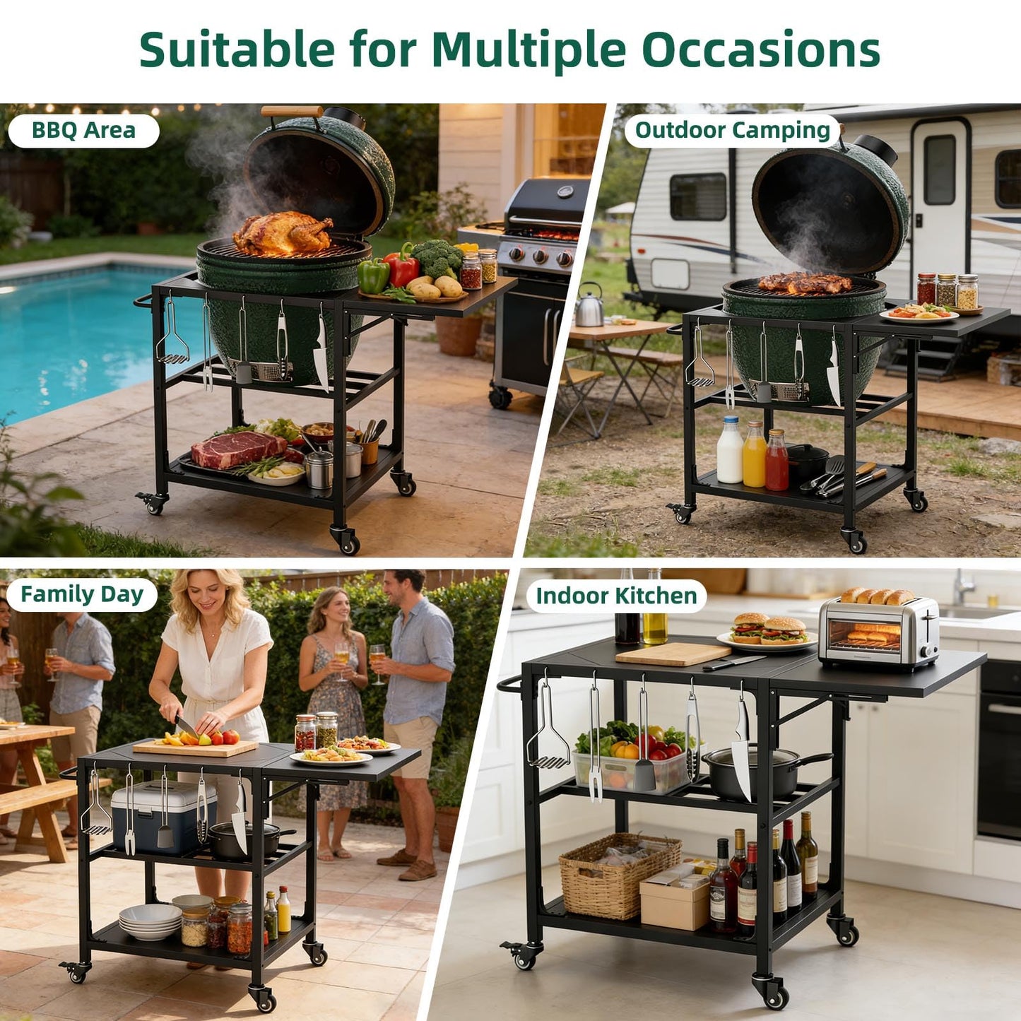 Outdoor Grill Table for Big Green Egg, Heavy Duty Metal Cart Prep Table with Wheels, Folding Panels, Storage Shelf, Hooks, Removable Central Cover, Compatible with Large Big Green Egg, Kamado Joe Jr