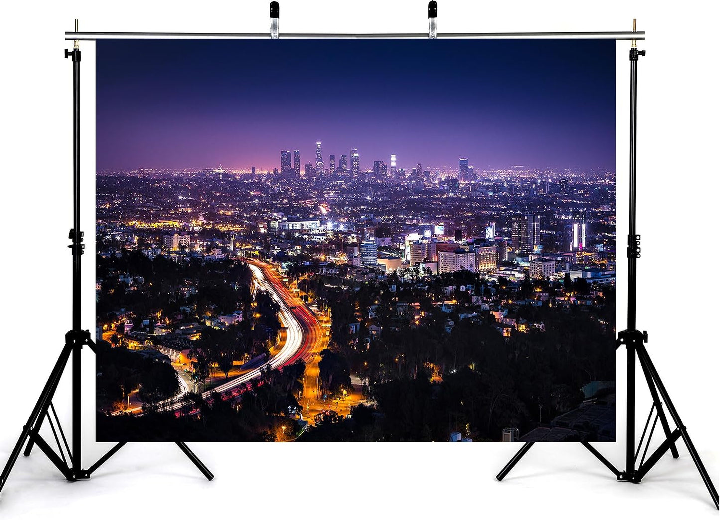 KeyWork 10x7ft Los Angeles Skyline Backdrop Purple Night Sky Light Trails City Lights Photography Background for Urban