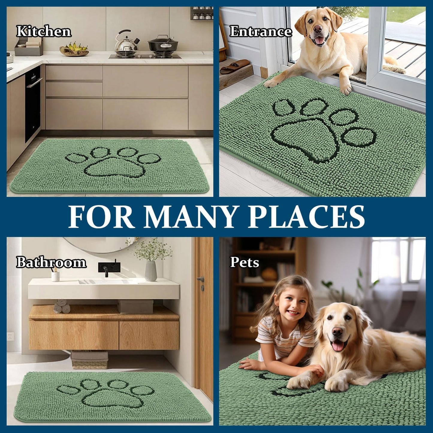 OLANLY Dog Door Mat - Absorbent Non-Slip Mud Mat for Muddy Paws | 30x20 Inches, Olive Green
