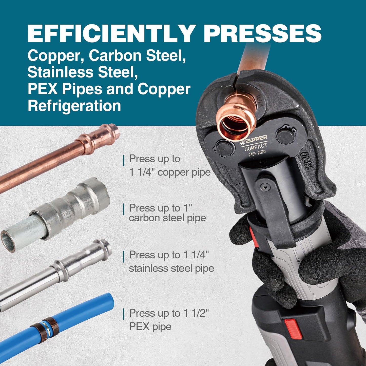ZUPPER Press Tool, 18V Electric Pipe Crimping Tool for 1/2", 3/4", 1" Copper Pipes, Compact Press Tool Kit Suitable for Copper ProPress fittings - with 3 VUS Press Jaws, 2pcs Battery