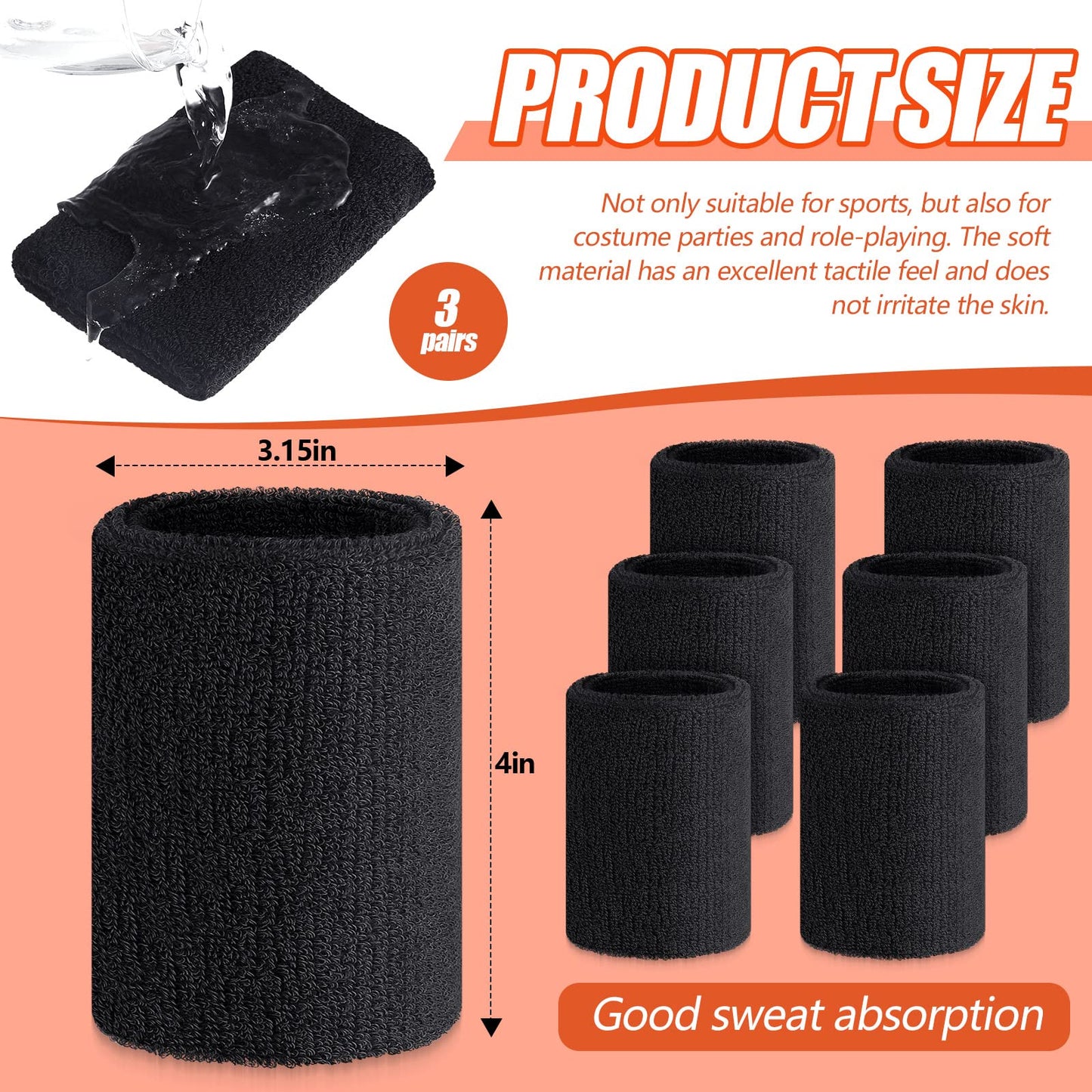 Wettarn 6 Pcs 4 Inch Cotton Elastic Wrist Bands for Sports, Gymnastics, Tennis, Football, Hiking, Cycling, Running (Black, about 4 x 3.15 inches, 10 x 8 cm)