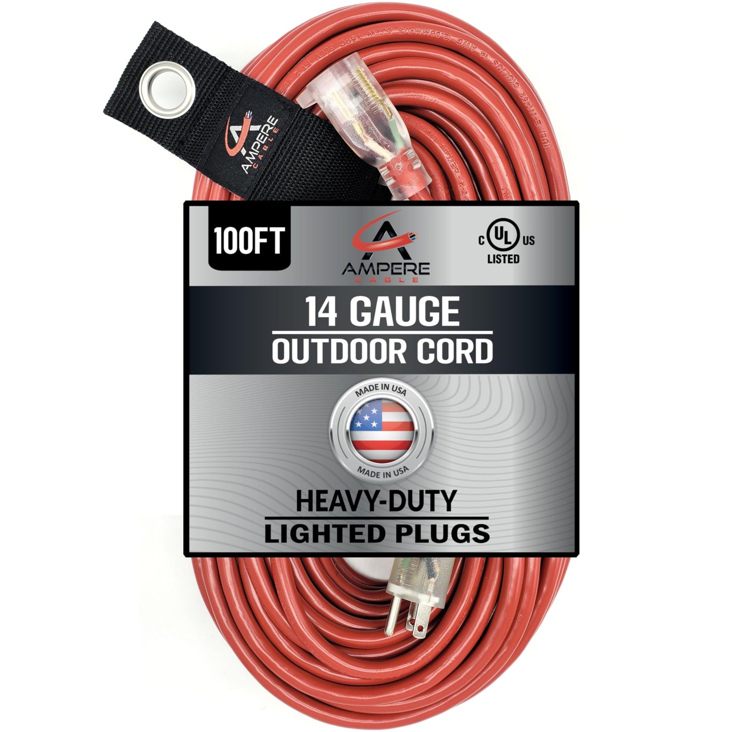100 ft - 14 Gauge Extension Cord Outdoor - Made in USA - Lighted on Both Ends - Red Outdoor Extension_Cord Waterproof by Anthem Cable - Heavy Duty ExtensionCord 100 ft 13 Amp Extension
