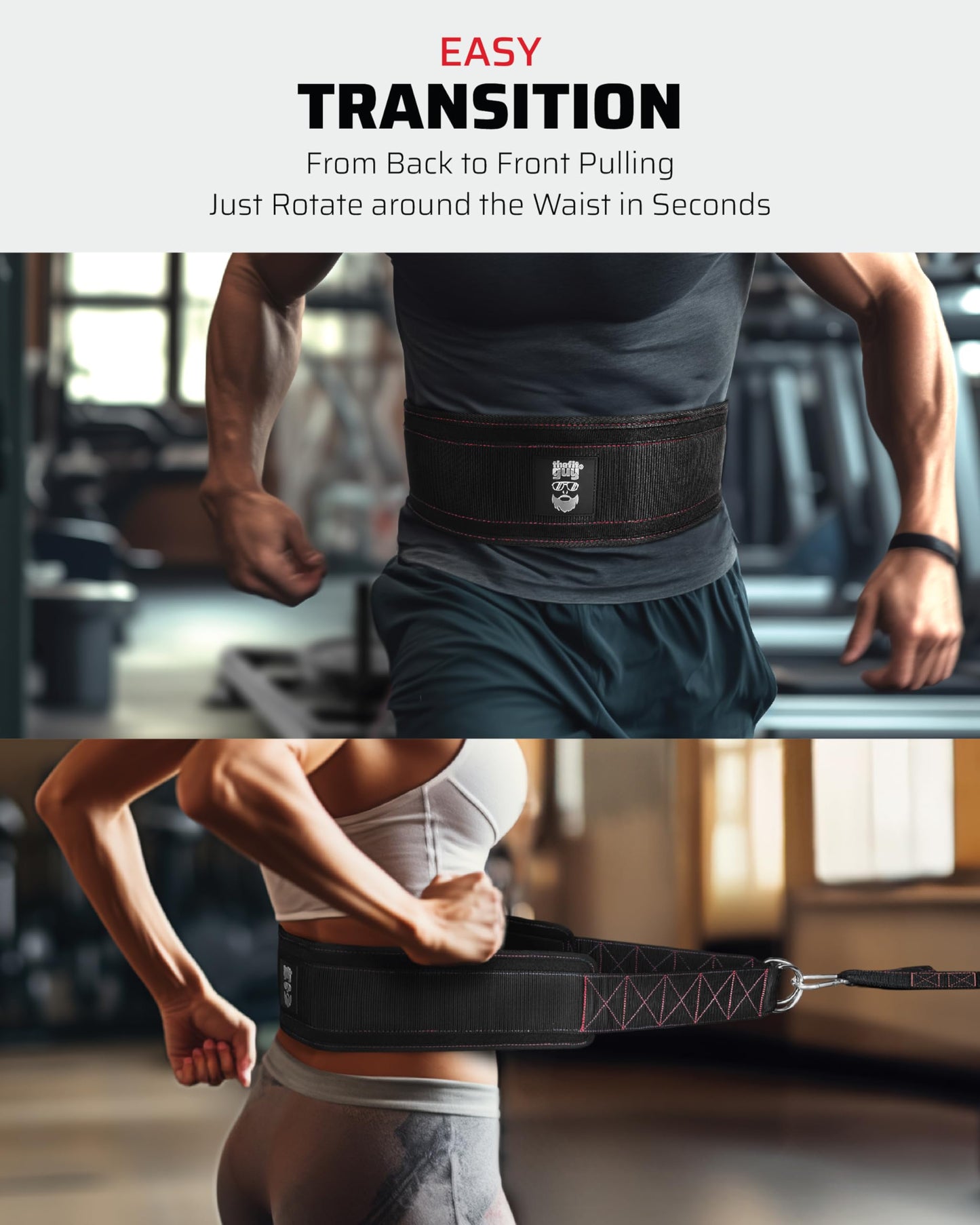 THEFITGUY Sled Pulling Belt, Adjustable Closure, 2 Straps & 4 Hooks - for Multidirectional Resistance Training, Strength and Agility