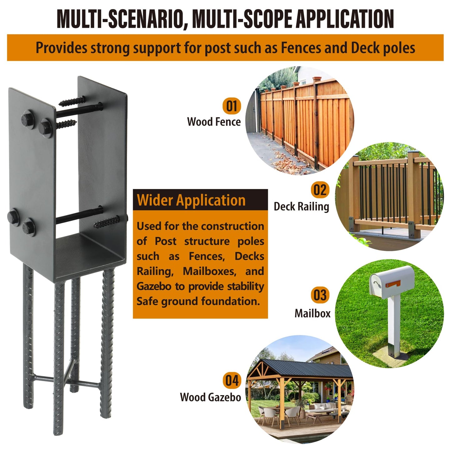 Wocepu 8 Pack Heavy Duty Stainless Steels U-Shape 4"x4"(Actual 3.5"x3.5") Wet Concrete Fence Post Holder, Psot Base, for Fence, Deck Railing, Pergola Wood Post Bracket Anchor (Dark Grey)