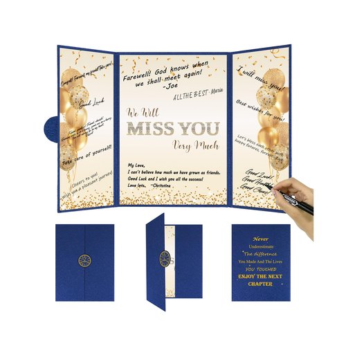 DARUNAXY Blue Gold Farewell Party Decorations, We Will Miss You Very Much Alternative Signature Guest Book for Men Women Going Away Gifts Signing Card Board for Retirement Graduation Party Supplies