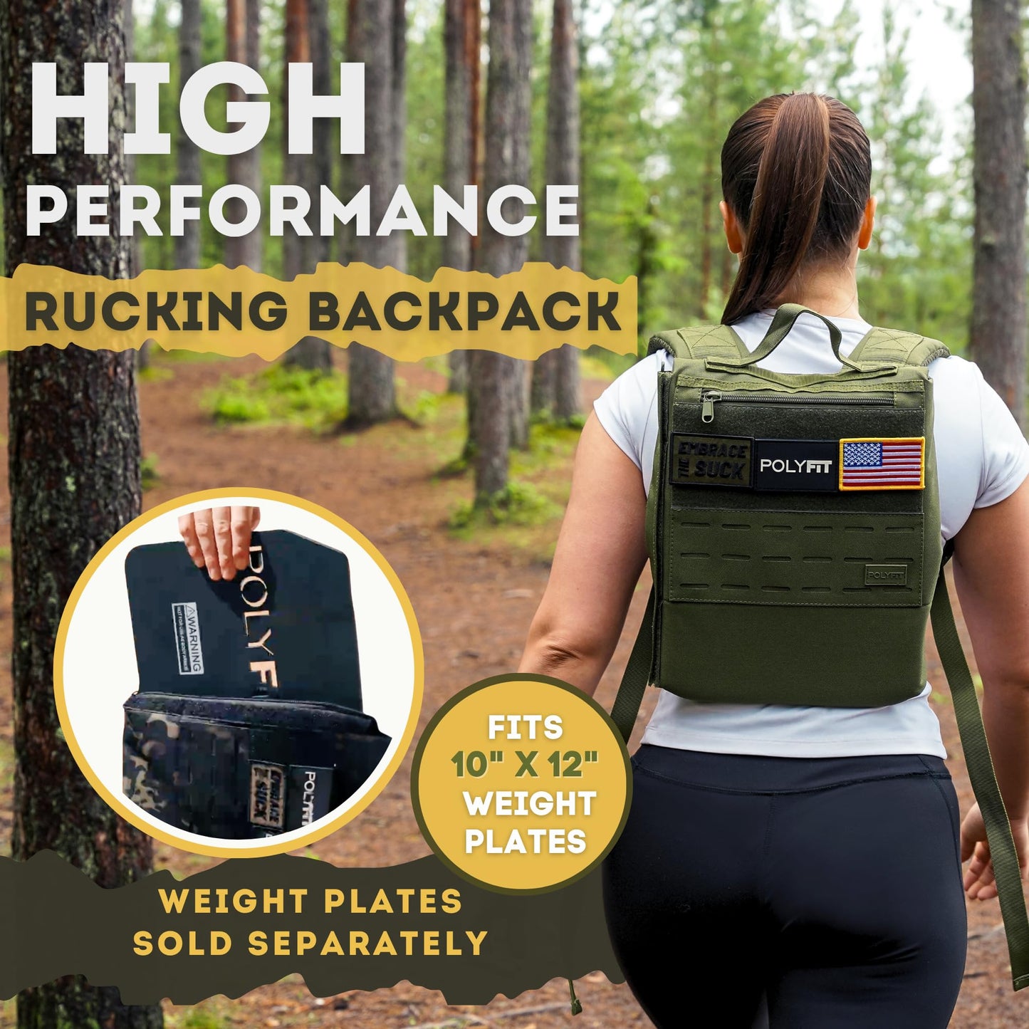 Polyfit Rucking Backpack 2.0 - Weighted Ruck Pack for Weight Plates - Patent Pending Side-Loading Rucksack for Walking, Running, Rucking, Strength and Endurance Training - Black