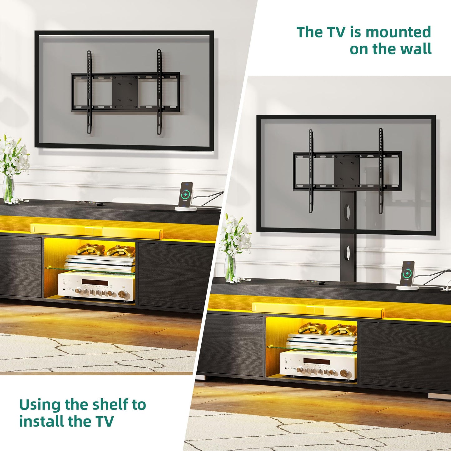 YITAHOME Black TV Stand for Living Room with Height Adjustable Mount, Modern TV Stand for 70/65 Inch TV, LED Entertainment Center with Storage, Media Console Cabinet, Black