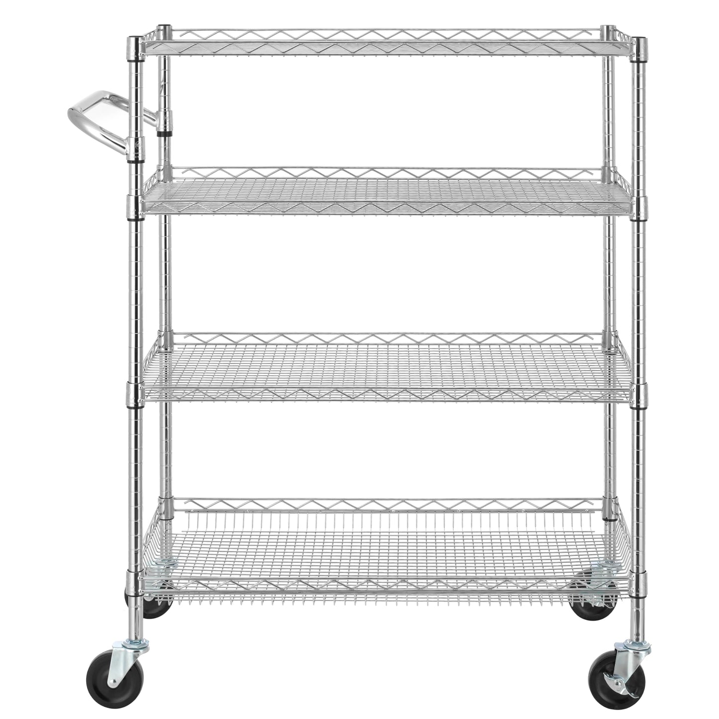 Finnhomy 4 Tier Heavy Duty Commercial Grade Rolling Cart with Handle Bar, Metal Wire Utility Cart with Wheels, Kitchen Service Trolley on Wheels, Shelf Size 18" D x 36" W, NSF, Chrome