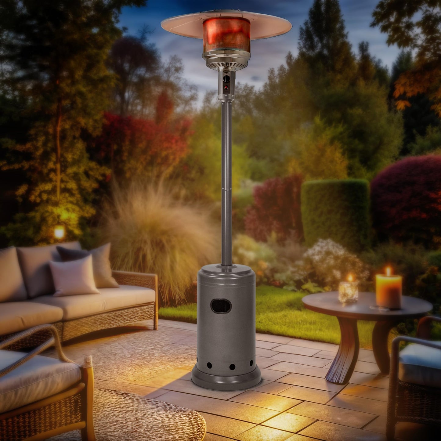 Amazon Basics 46,000 BTU Portable Outdoor Propane Patio Heater with Wheels, Commercial & Residential with Water Tank, Adjustable Heat Output, 9-Foot Radius, Slate Gray, 32.1"L x 32.1"W x 91.3"H