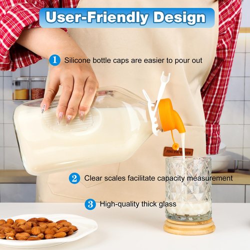 2 Quart (64 Oz) Glass Milk Bottle with Handle, Water Jug with Scale/Nut Milk Bag/Pour Spout/Airtight Lid, Reusable Carafe Container Pitcher for Milk, Tea, Juice, Coffee Beverage-1/2 Gal 1 Pack