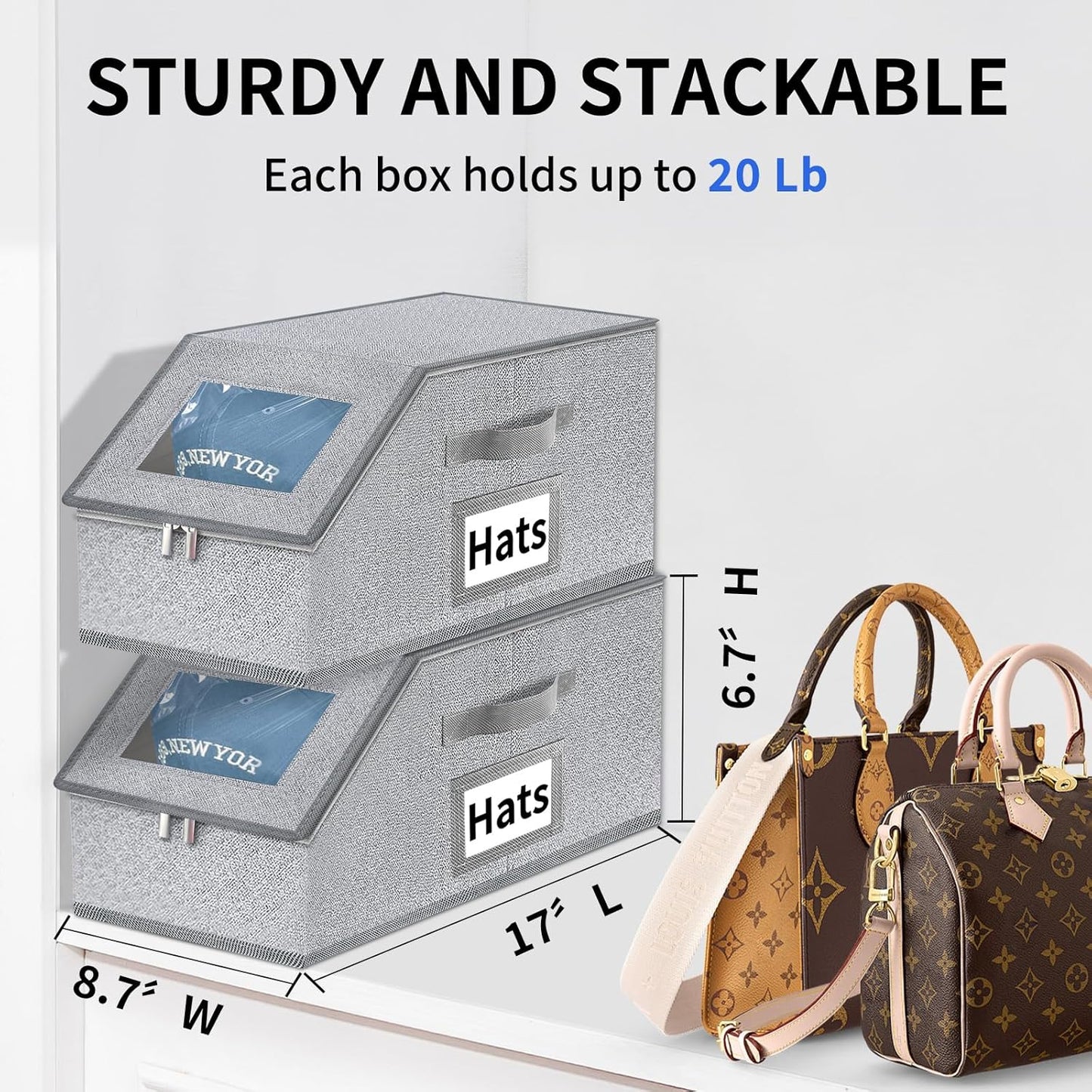 Aokeyee Hat Organizer - 2PCS Stackable Storage with Clear Window Lid | Space-Saving Grey Hat Box