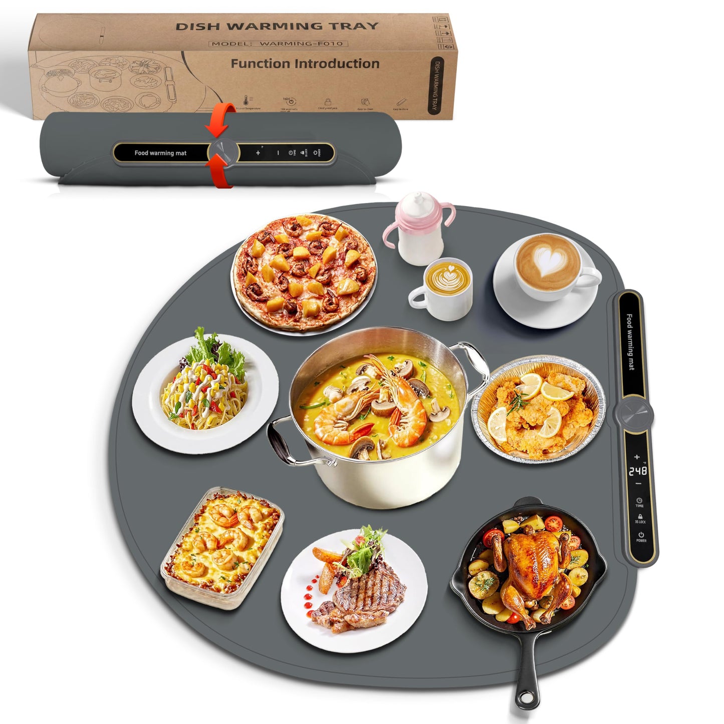 Round Food Warming Mat XXL 27.5''x27.5'' (Gray) - Electric Food Warming Tray with 9 Temp Levels - Silicone Food Warmers for Parties Buffet with Timer, Child Lock & Fast Heating