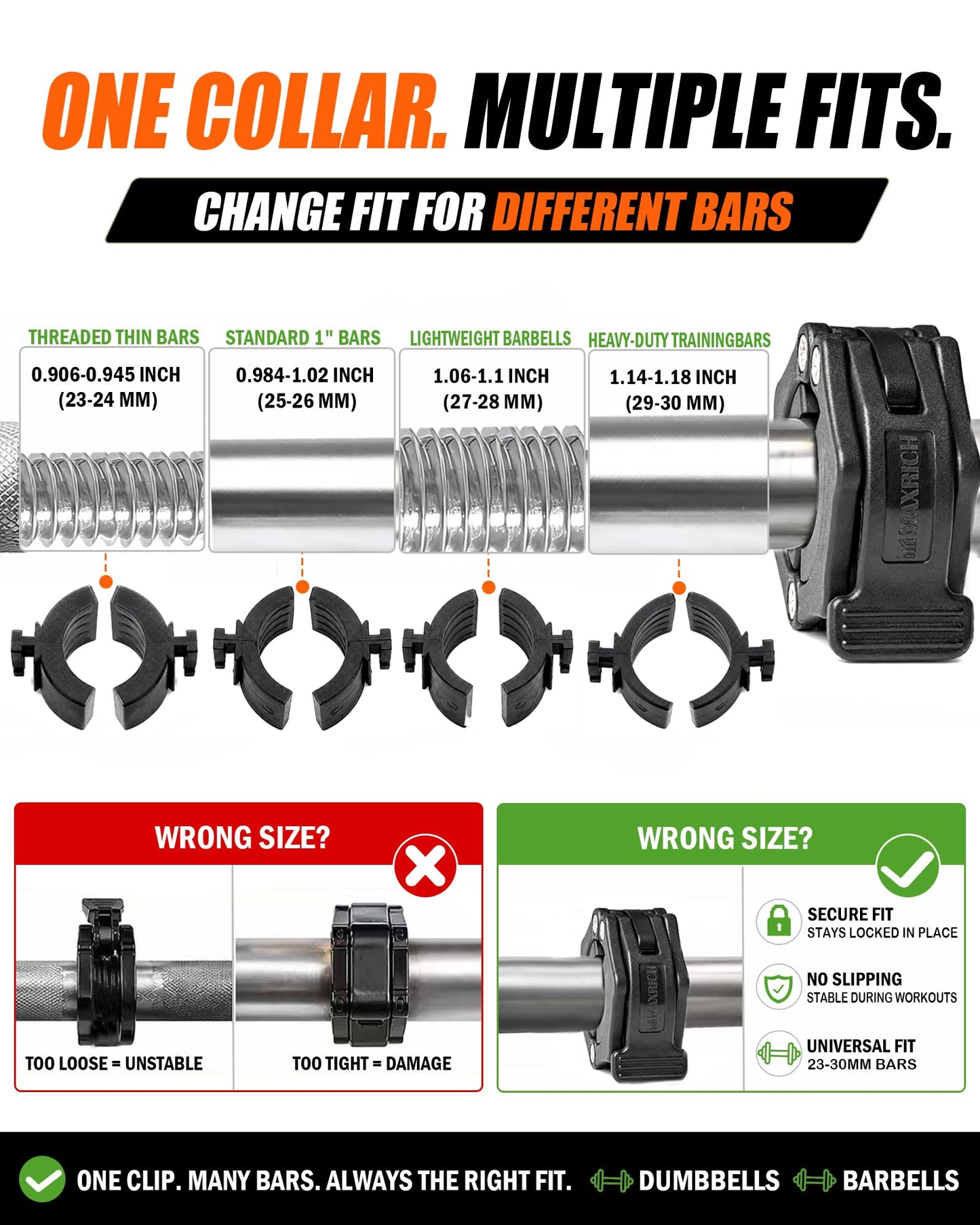 MAXRICH Ultra-Thin 1-Inch Barbell Clamps, Quick Release Weight Clips for 23–30mm Bars, Secure Barbell Collars for Home Gym