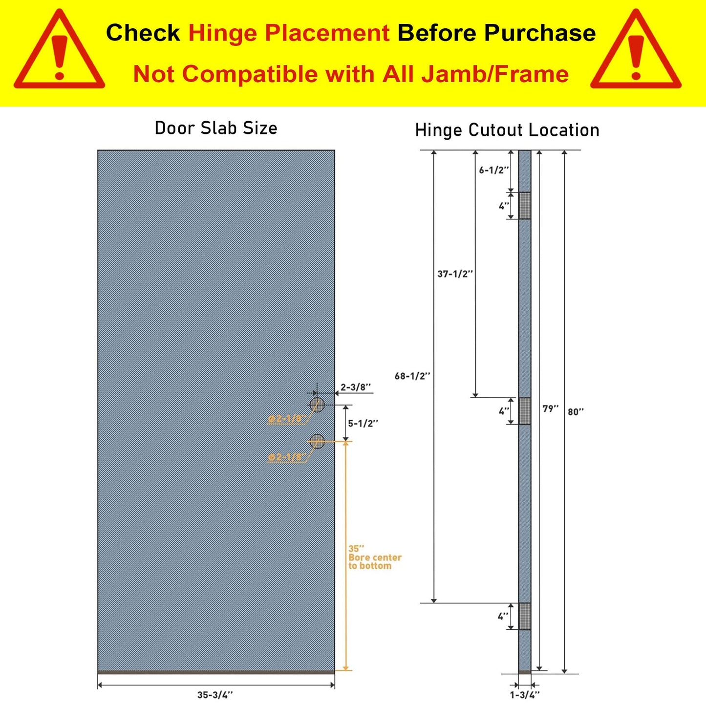 36x80 White Exterior Front Door Slab -Pre-Bored Reversible Fiberglass Entry Door Slab with Frost Glass-Primed Left Inswing/Right Outswing
