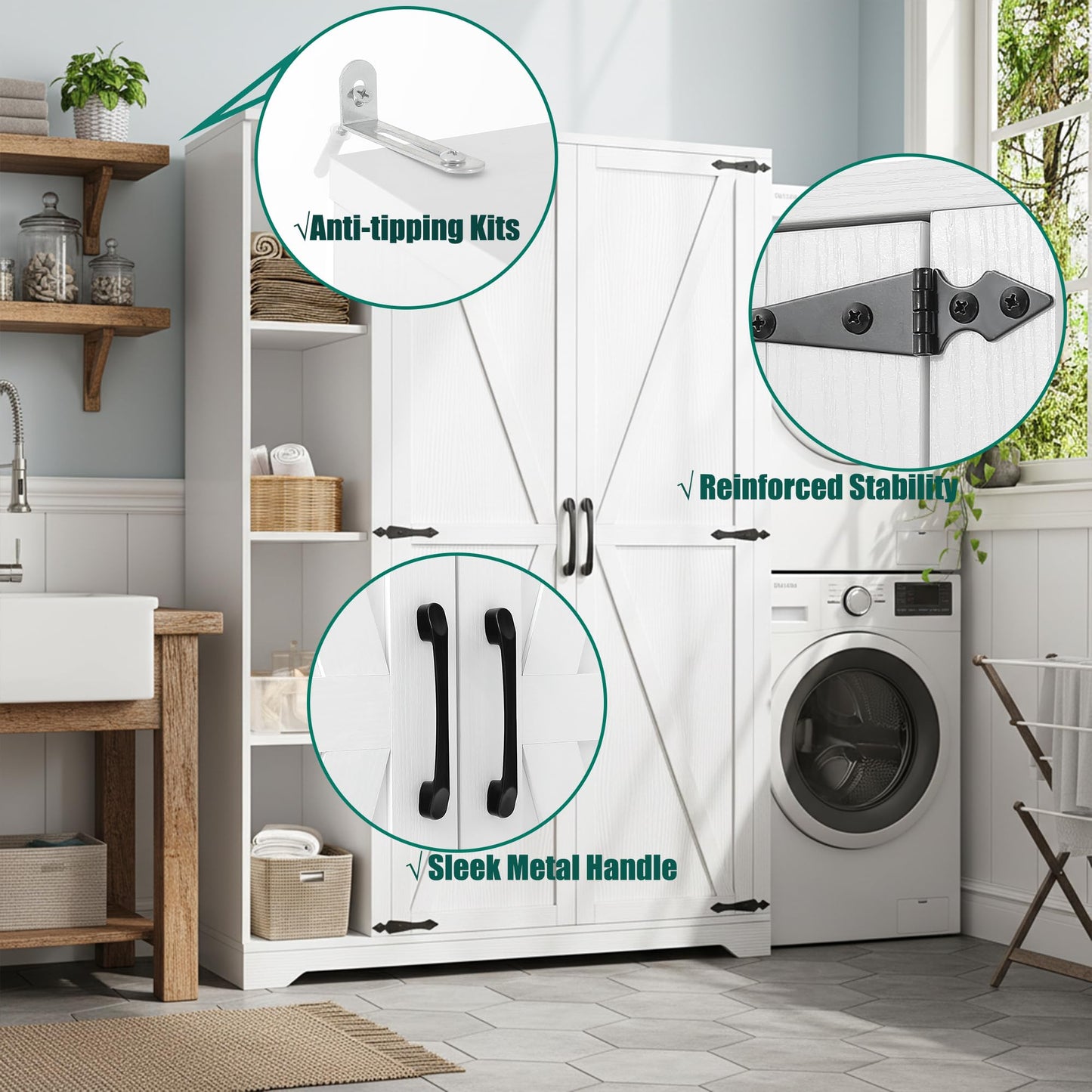 YITAHOME Wooden Garage Broom Cabinets with Adjustable Shelves, Multifunctional Organizer for Ironing Boards and Vacuum Cleaners, Tool Storage Cabinet for Gym, Basement, Warehouse, Oak White