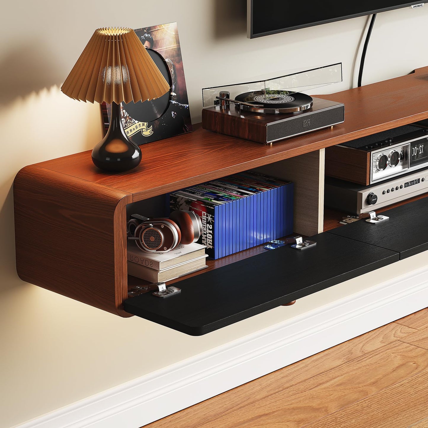 FurniNova Floating TV Console with 3 Doors,Natural Wood Veneer Wall Mounted TV Shelf,Floating Entertainment Center Media Console with Storage for Living Room Bedroom,55inch Walnut