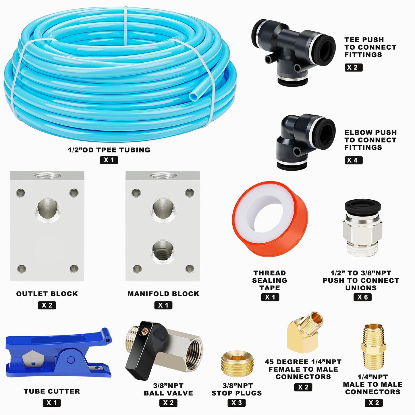1/2″OD Compressed Air Piping System and Shop Air Line Kit with 100ft TPEE Tubing 3/8″ID, 27-Piece Air Push to Connect Kit