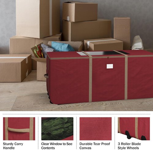 Elf Stor Christmas Tree Storage Tote with Wheels - Rolling Holiday Container for 9-Foot Faux Trees & Decor | Red