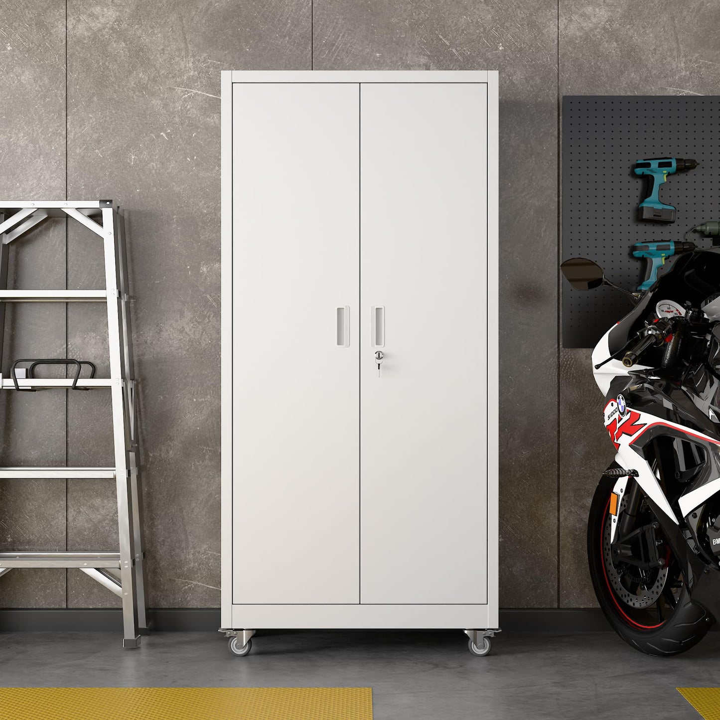 Aobabo Upgrade 71H''*34''W*18''D Metal Garage Storage Cabinet with Wheels and Pegboards, 5 Adjustable Shelves Steel Storage Cabinets for Home,Warehouse,Garage,Assembly Required,White