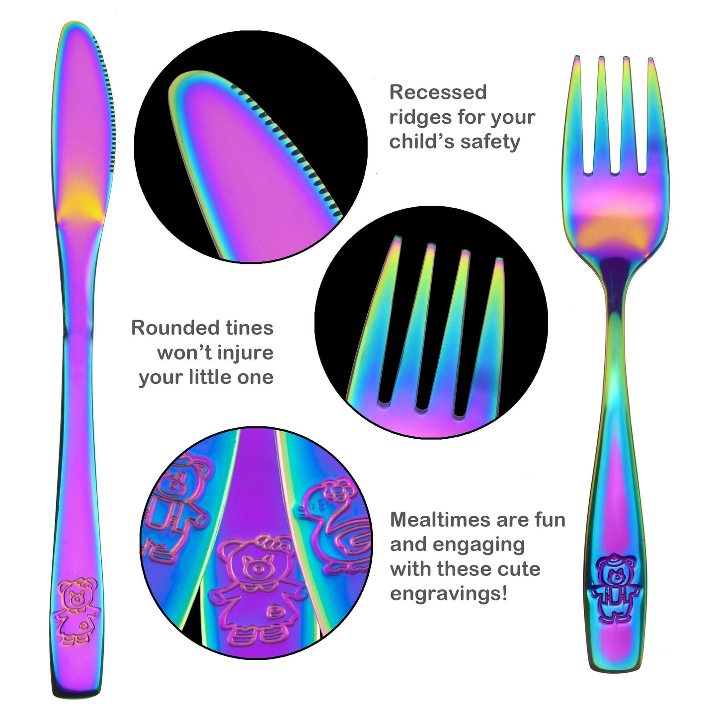 9 Piece Stainless Steel Rainbow Kids Cutlery, Child and Toddler Safe Flatware, Kids Silverware, Kids Utensil Set Includes 3 Knives, 3 Forks, 3 Spoons, Total of 3 Settings, Ideal for Home and Preschool