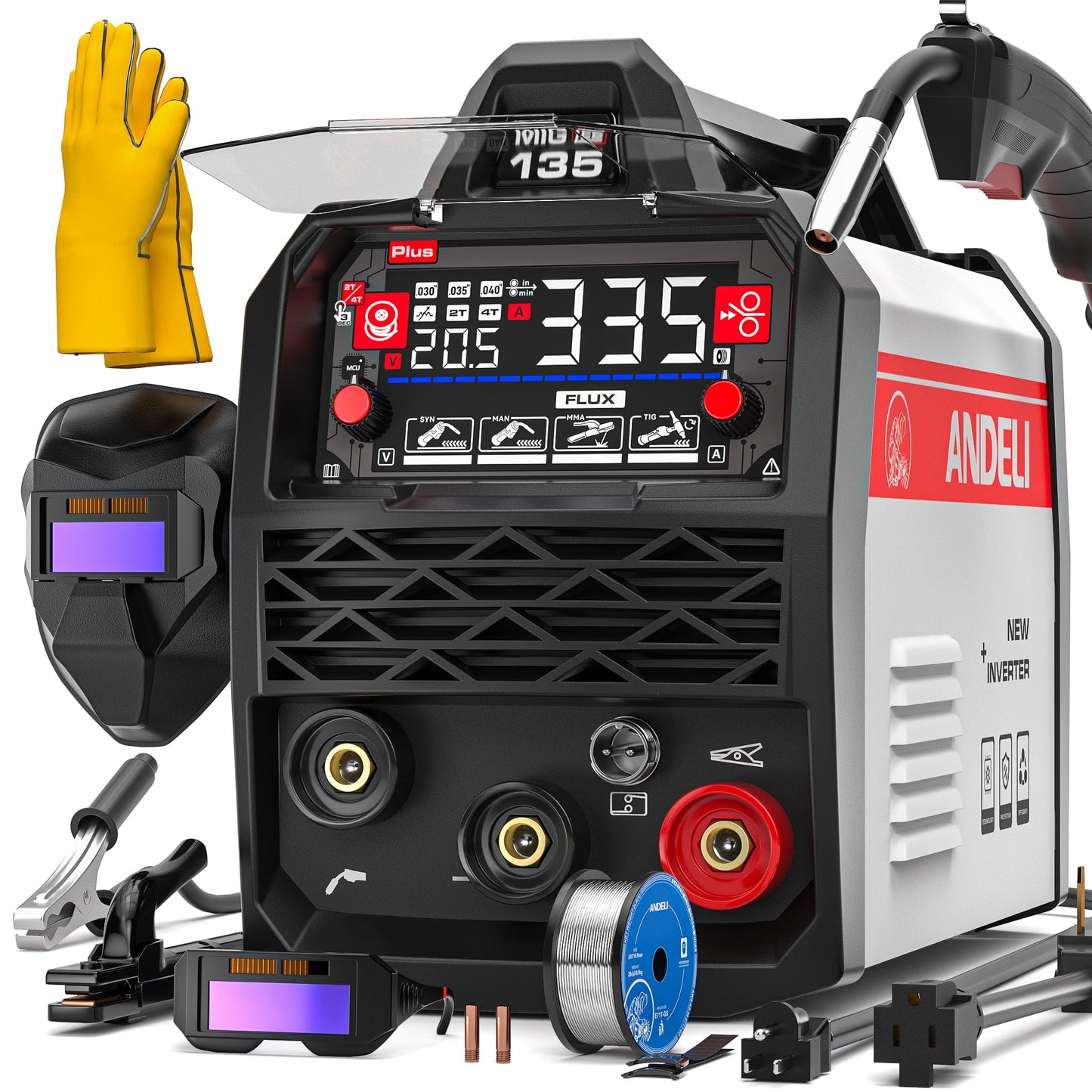 ANDELI 135A MIG Welder 110V/220V, PULSE Flux Core MIG/Lift Tig/Stick 3-in-1 Gasless MIG Welding Machine with Synergy，Large LED Display,2T/4T Full Kit (Bonus Welding Helmet & Gloves)