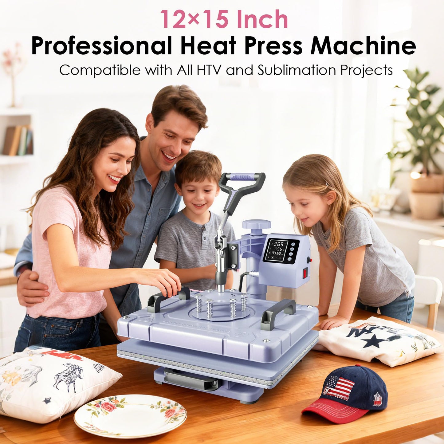 Seeutek 5 in 1 Heat Press Machine 12x15 Inch, 360° Swing Away Sublimation Heat Transfer Press with Mug, Hat & Plate Attachments for T-Shirts, Lavender