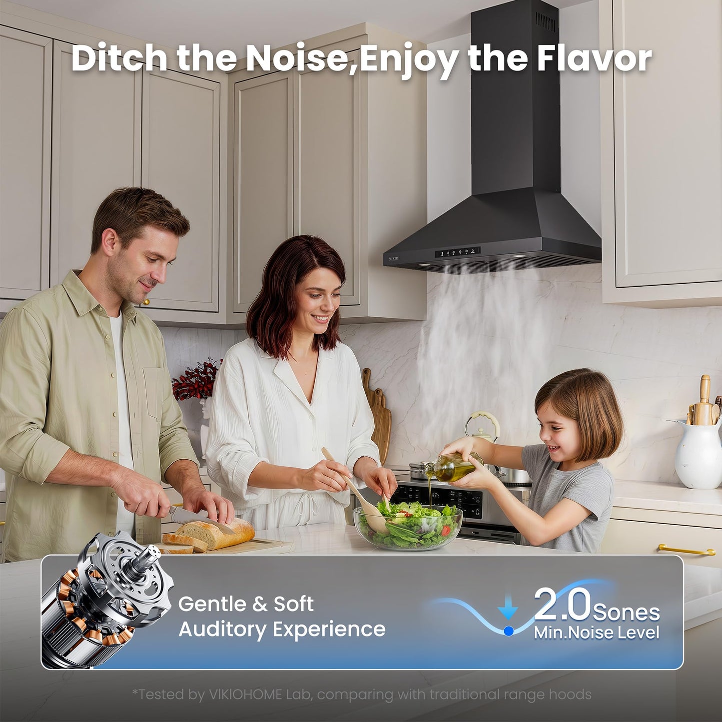 VIKIO HOME Wall Mount 30 Inch Range Hood 900 CFM, Ductless/Ducted Convertible, 3-speed Gesture Sensing & Touch Control, Black Painted Stainless Steel Kitchen Vent Hood with Permanent Baffle Filters