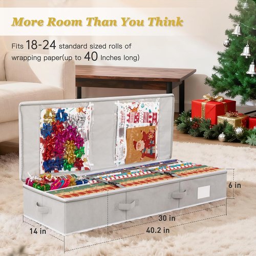 Criusia Gift Wrapping Paper Organizer - Durable Underbed Storage for 24 Rolls | Removable Dividers & Pockets, Grey