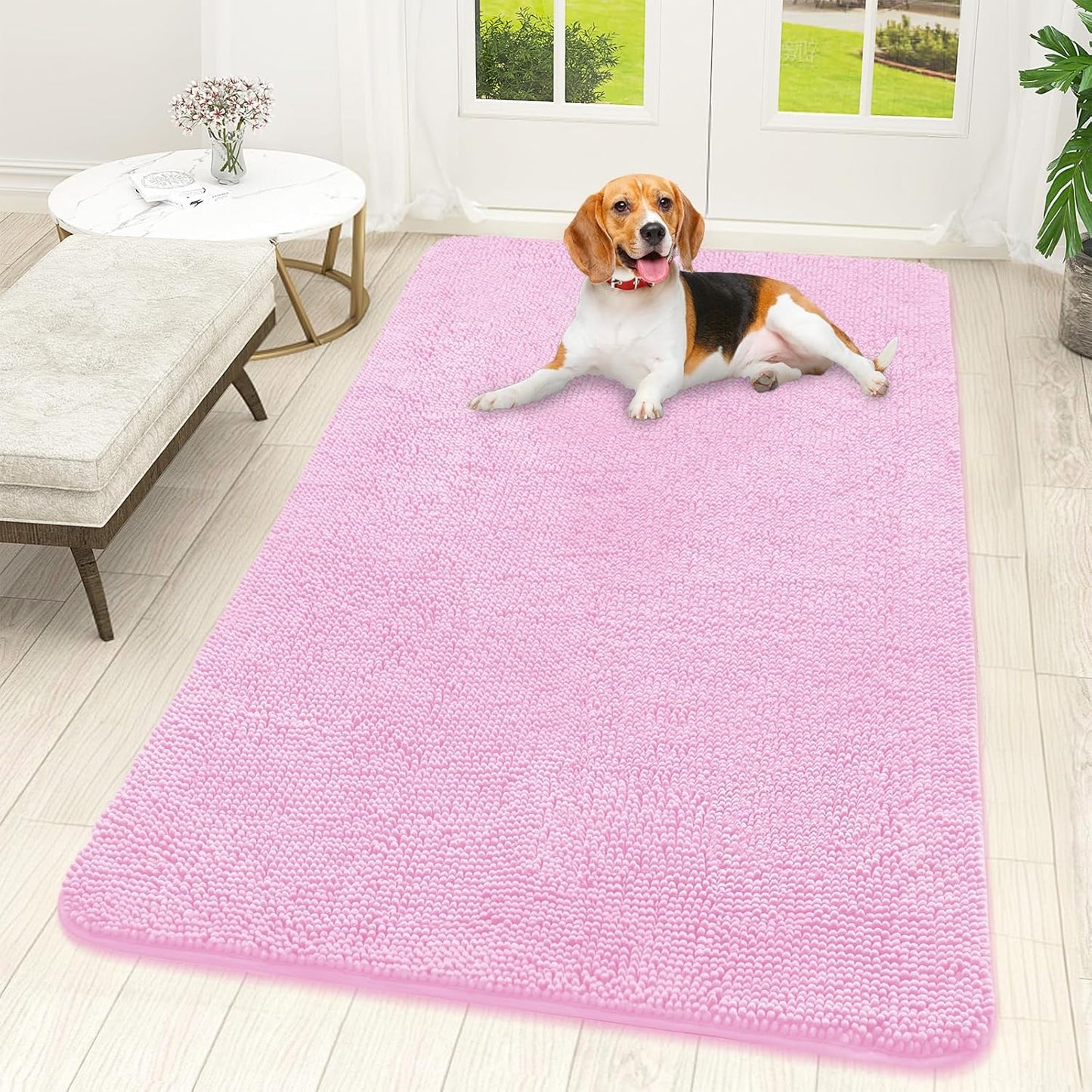 OLANLY Dog Door Mat - Absorbent Non-Slip Chenille Mat for Muddy Paws | 59x32 Inches, Quick Dry, Pink