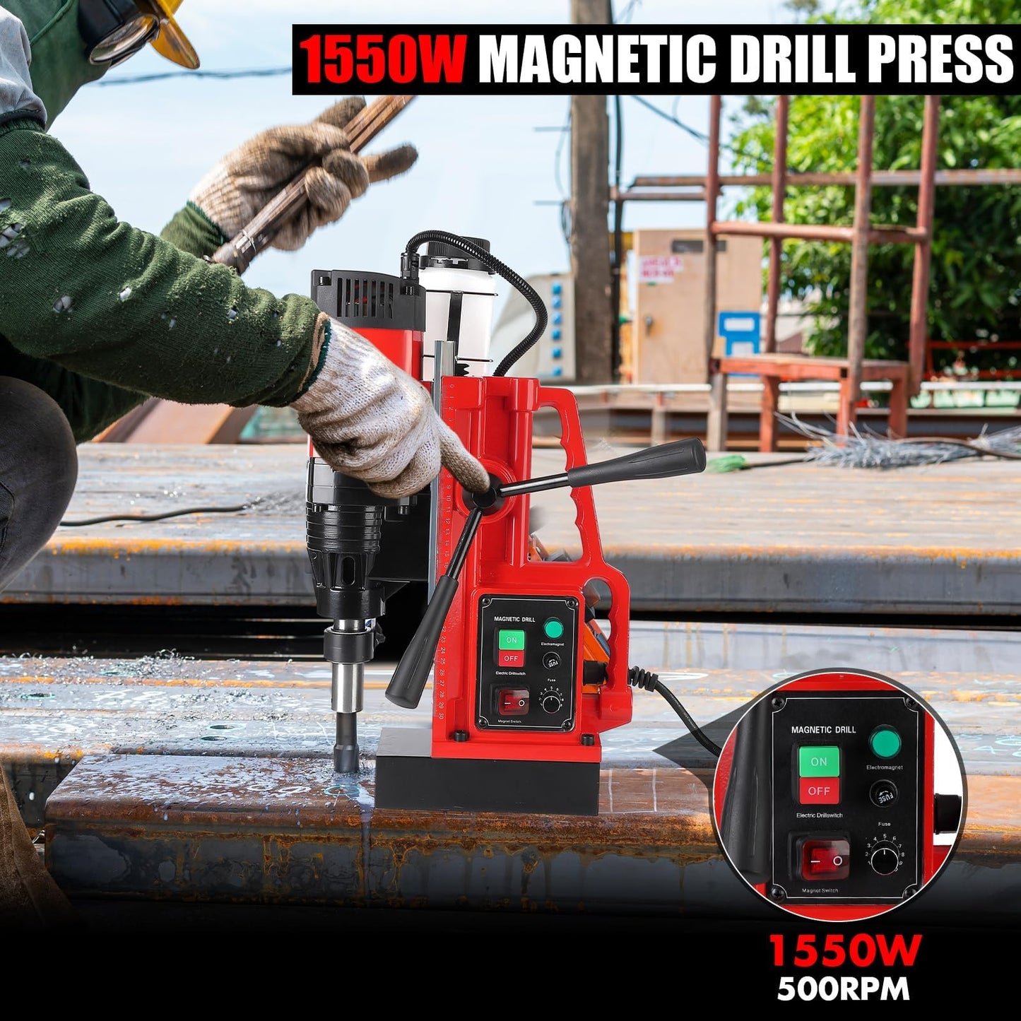 110V 1550W Magnetic Drill Press, 2" Drilling Capacity, 500 RPM, Variable Speed Single-Rail Portable Industrial Drill for Steel, Construction & DIY