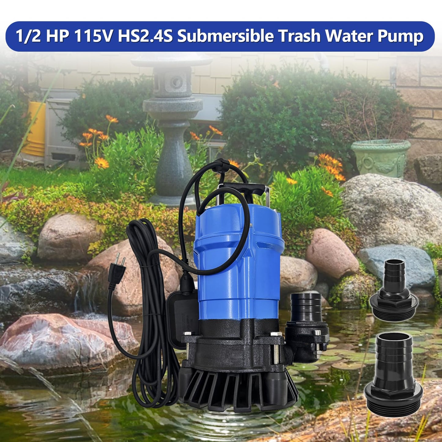 1/2 HP 115V HS2.4S HSZ2.4S Auto Float Switch Submersible Wastewater Pump replacement for HSZ2.4S-62 Submersible Trash Pump 53 GPM / 3180 GPH 60Hz 2" Straight Male NPT for Pond Sand Solids Dewatering