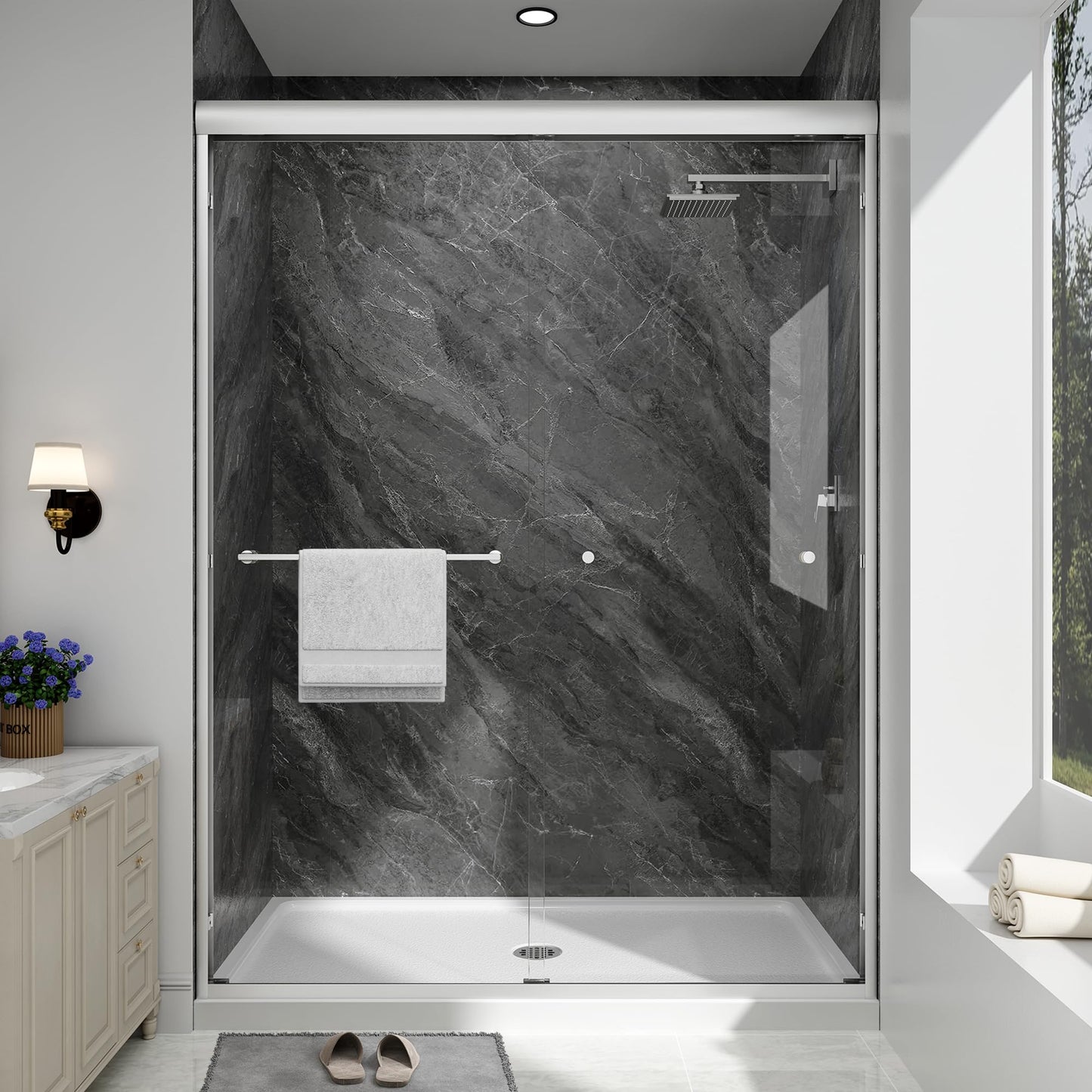EASYWORC Double Sliding Shower Door, 55"-60" W x 70" H Semi-Frameless Glass Shower Door, 1/4'' (6mm) Clear SGCC Tempered Glass with Explosion-Proof Film and Nano Coating, Brushed Nickel